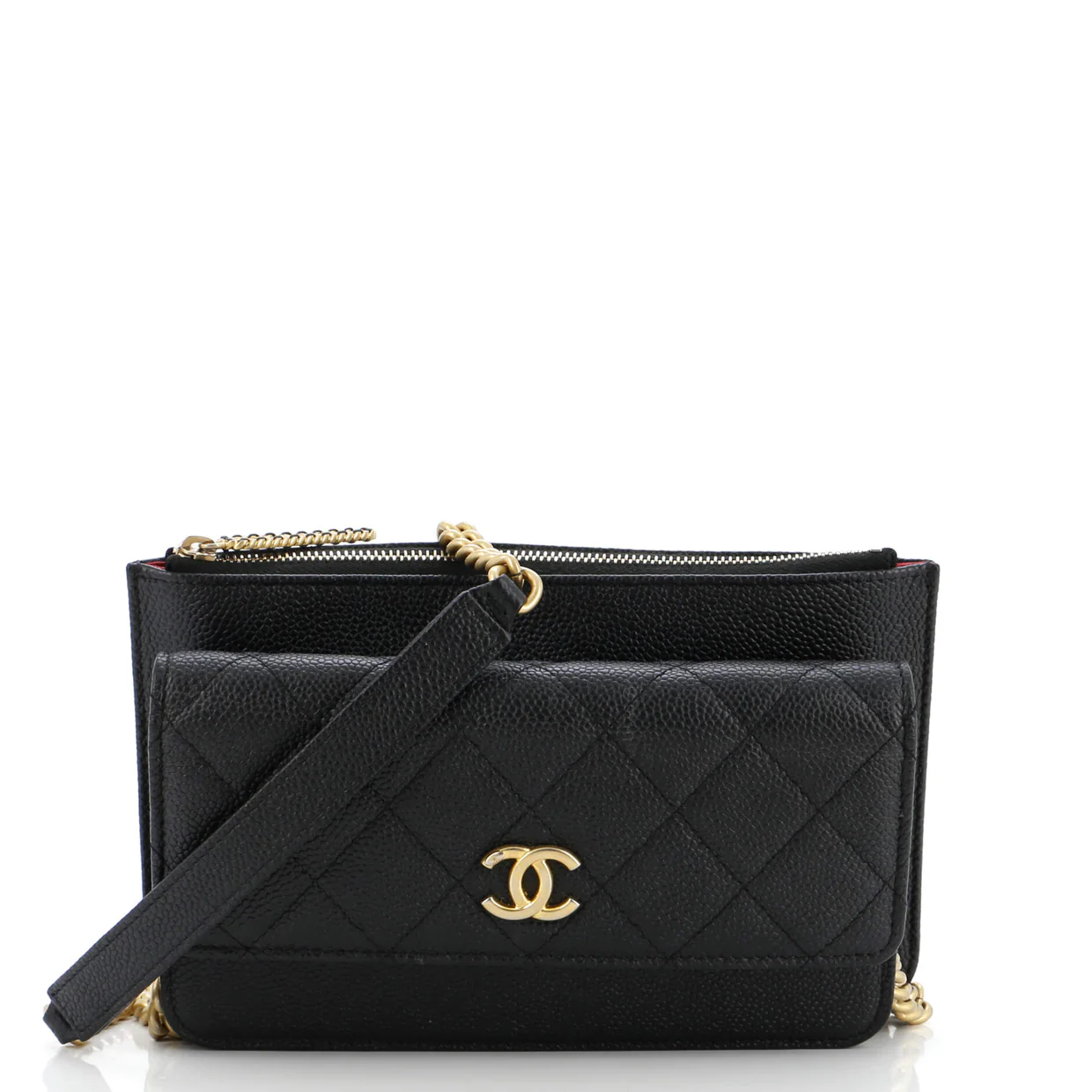 CC Front Pocket Clutch with Chain Quilted Caviar Small - Deep Luxury