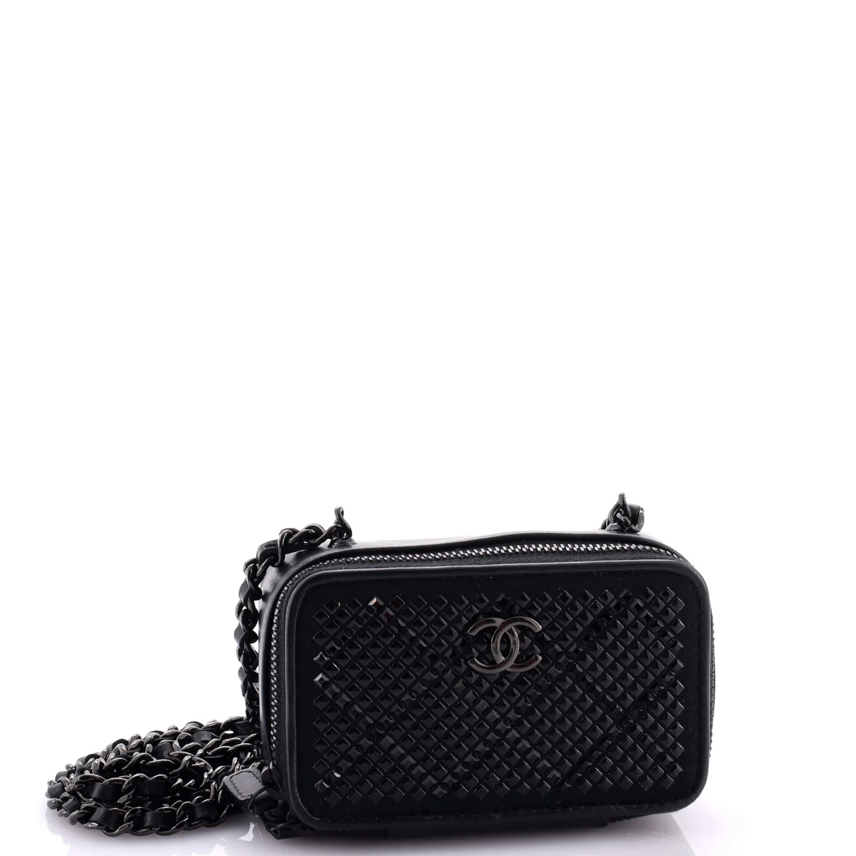 So Black Zip Around Vanity Clutch with Chain Strass Embellished Satin with Leather - Deep Luxury