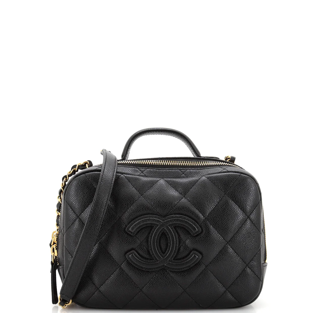 CC Top Handle Zip Around Vanity Case with Chain Quilted Caviar Small - Deep Luxury