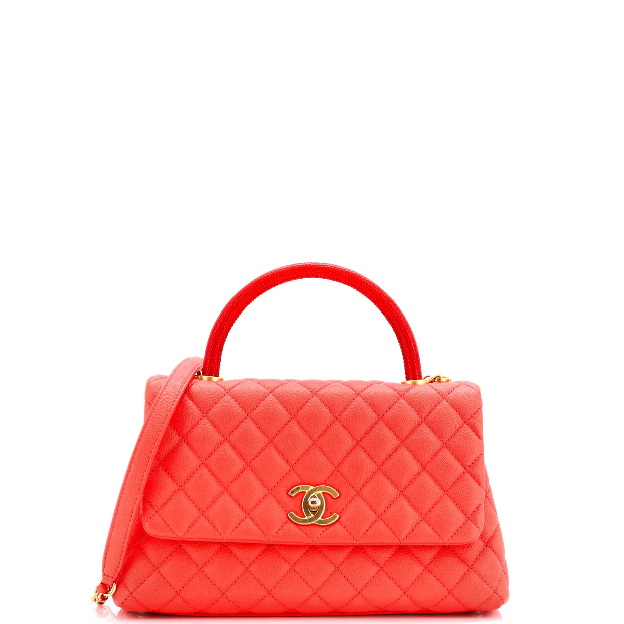 Coco Top Handle Bag Quilted Caviar with Lizard Embossed Handle Small - Deep Luxury