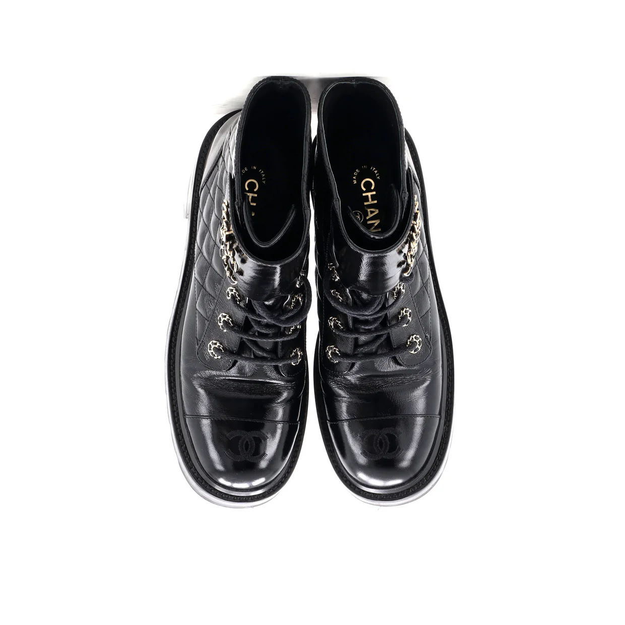 Women's Chain CC Cap Toe Lace Up Combat Boots Quilted Shiny Calfskin - Deep Luxury