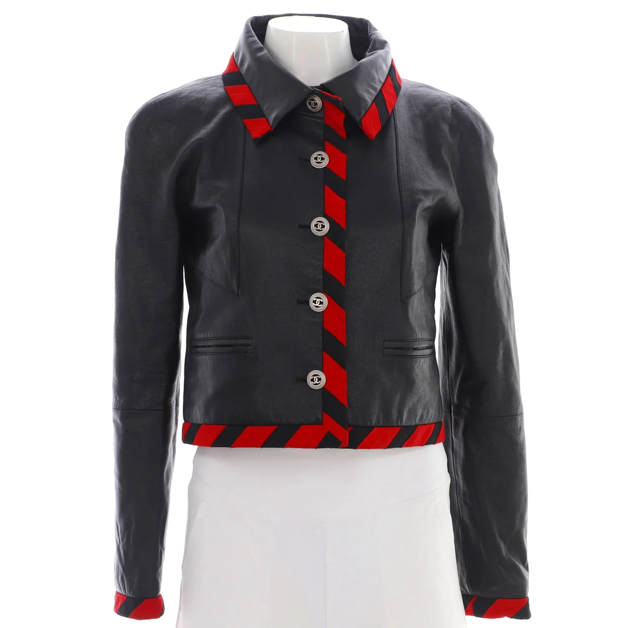 Women's Striped Trim Button Up Jacket Leather with Silk - Deep Luxury