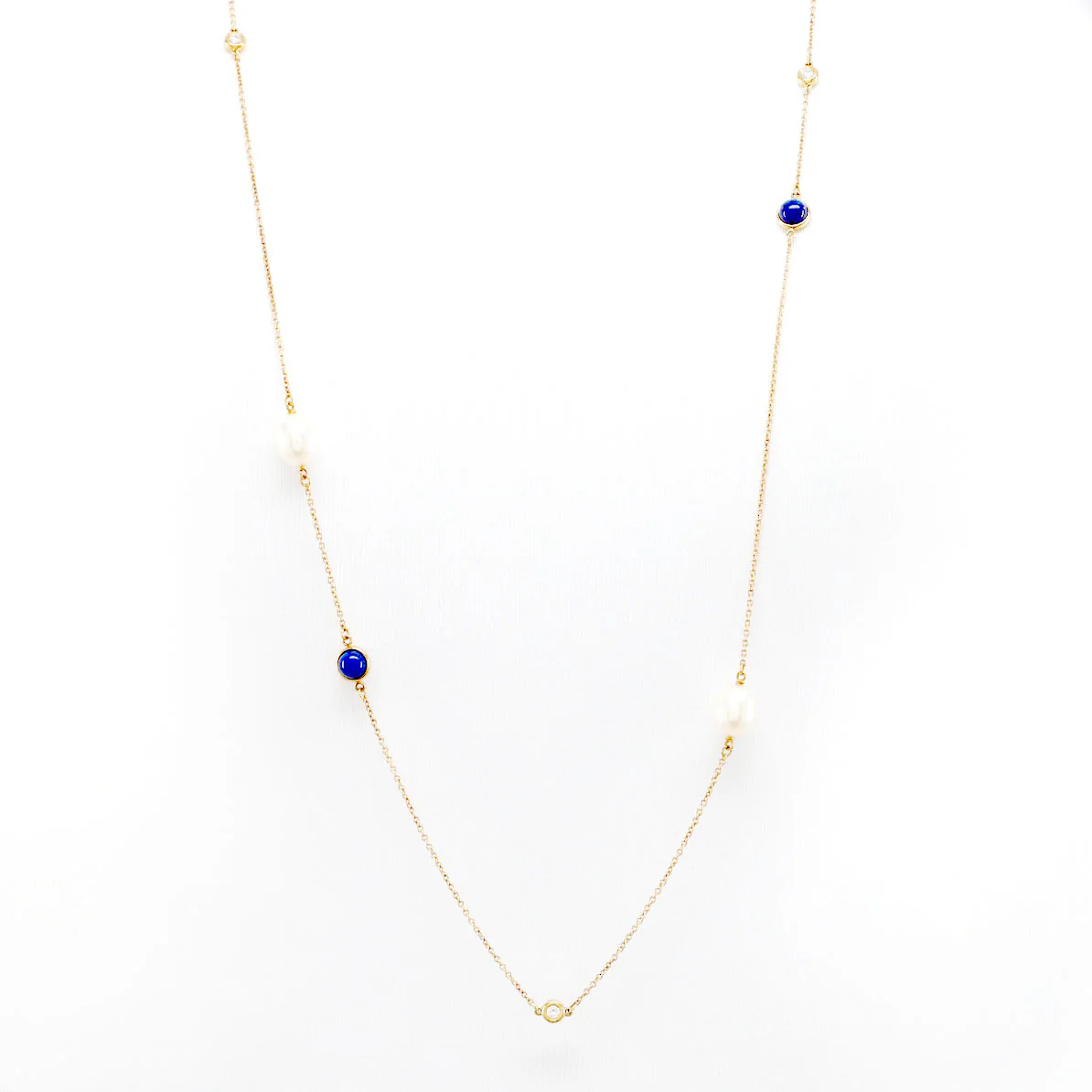 Elsa Peretti Diamonds By The Yard 13 Station Necklace 18K Yellow Gold with Diamonds and Pearls with Lapis Lazuli - Deep Luxury