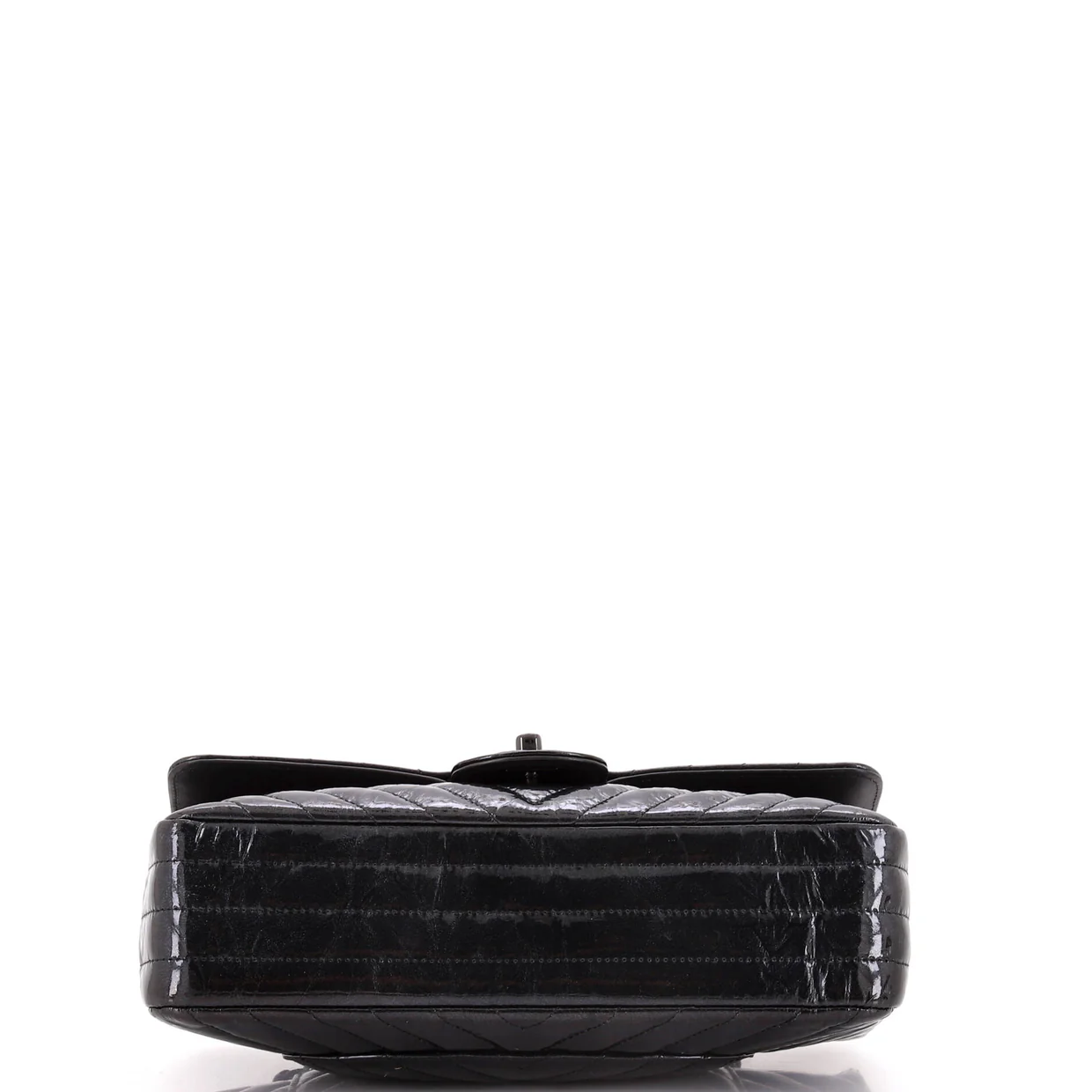 So Black Classic Double Flap Bag Chevron Crinkled Patent Medium - Deep Luxury