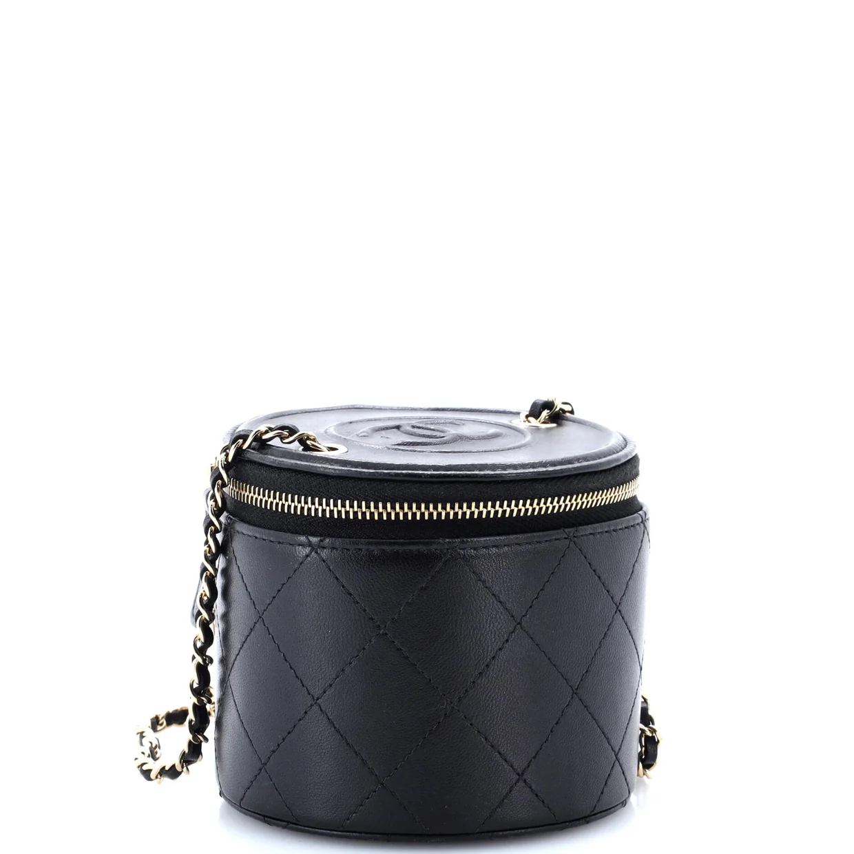 CC Round Vanity Case with Chain Quilted Lambskin Mini - Deep Luxury