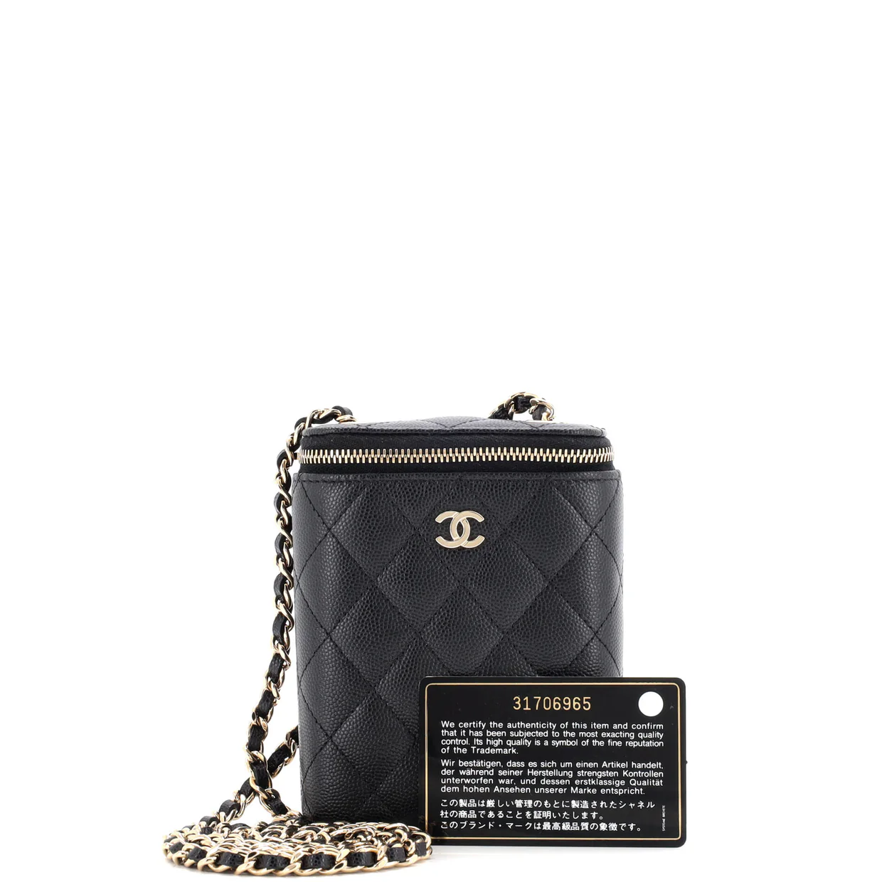 Vertical Classic Vanity Case with Chain Quilted Caviar Small - Deep Luxury