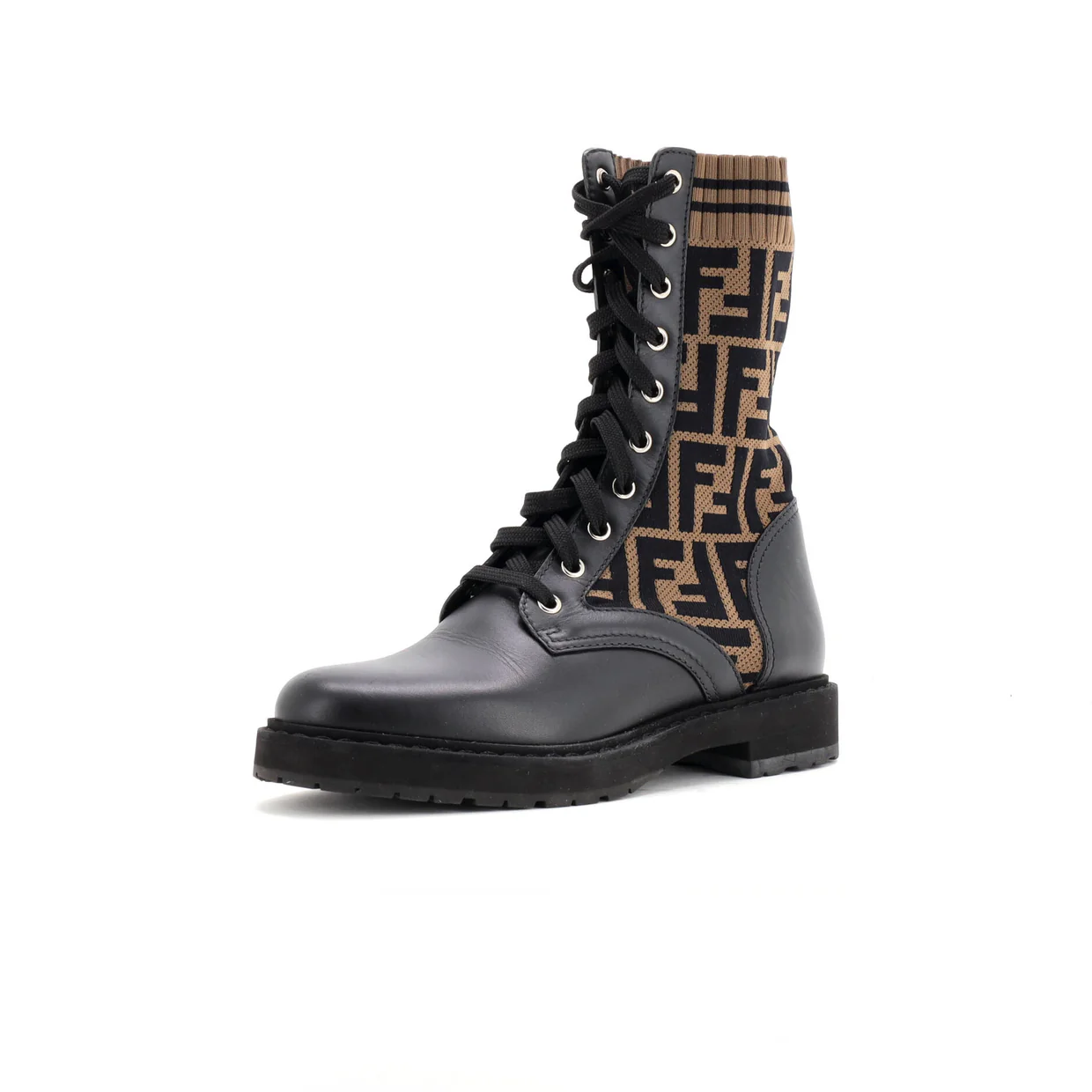 Women's Rockoko Combat Boots Leather and Zucca Knit Stretch Fabric - Deep Luxury