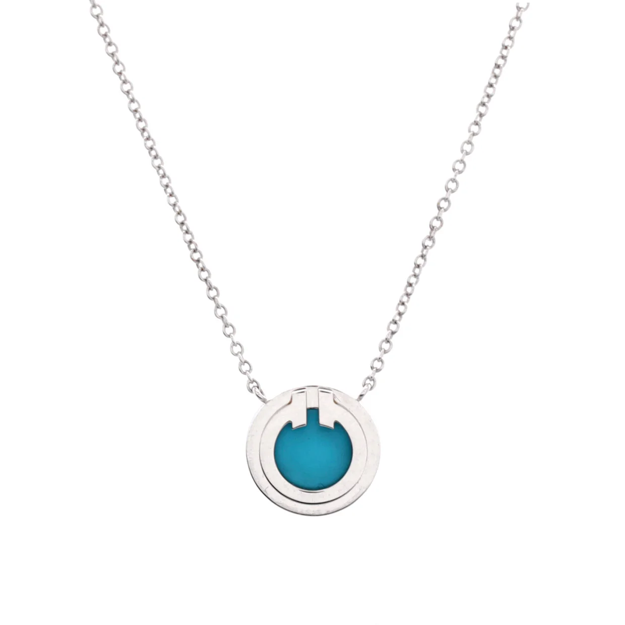 T Circle Pendant Necklace 18K White Gold with Turquoise Small - Deep Luxury