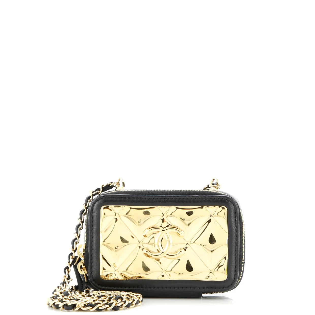 Golden Plate Zip Around Vanity Case with Chain Quilted Metal and Lambskin Extra Mini - Deep Luxury