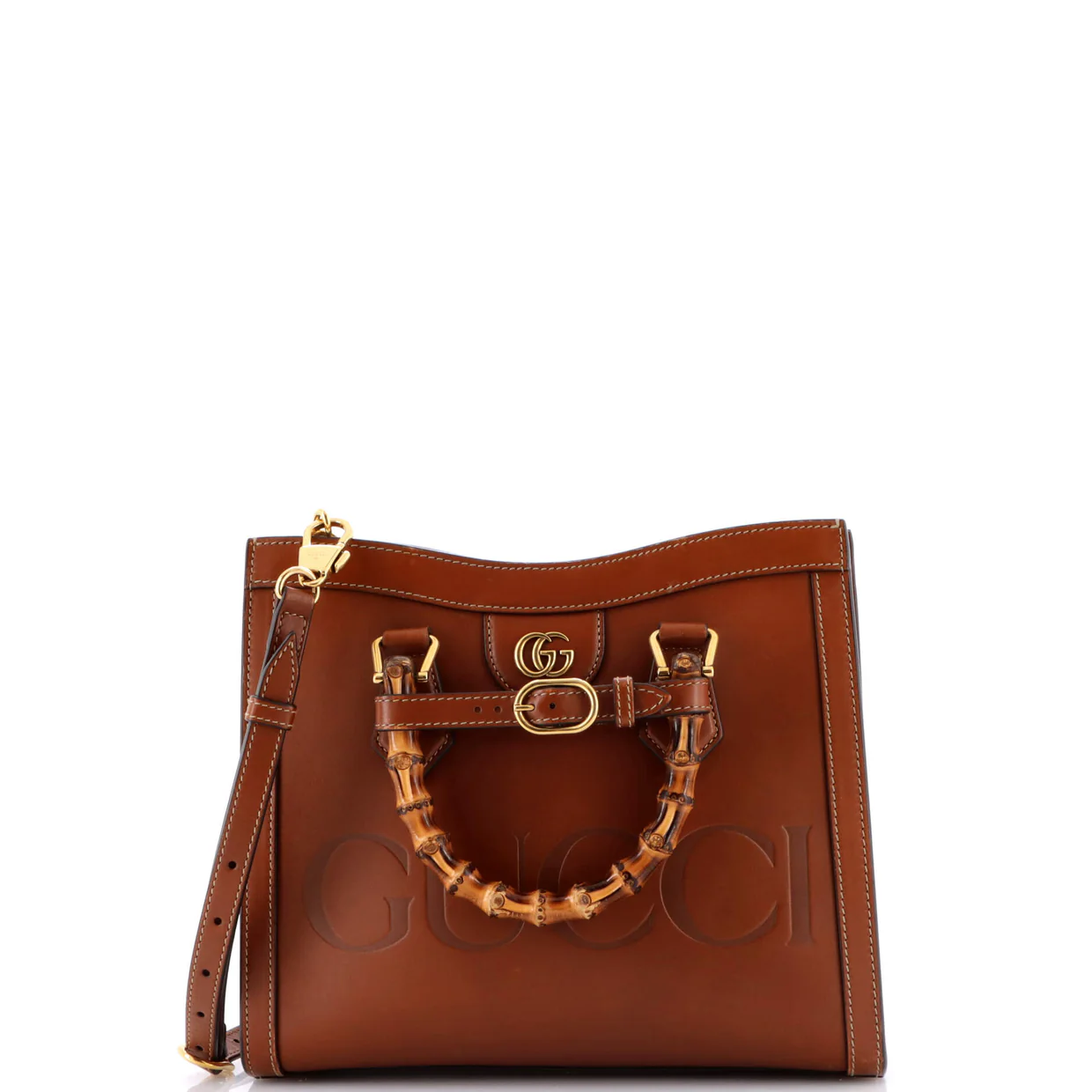 Diana NM Logo Bamboo Handle Tote Embossed Leather Small - Deep Luxury