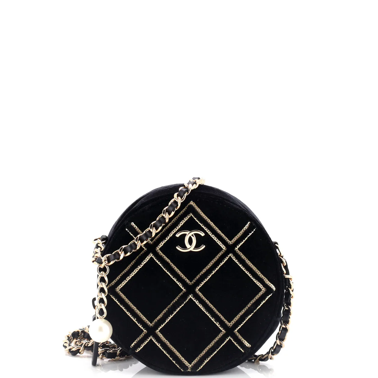 Round Clutch with Chain Quilted Velvet with Sequins - Deep Luxury