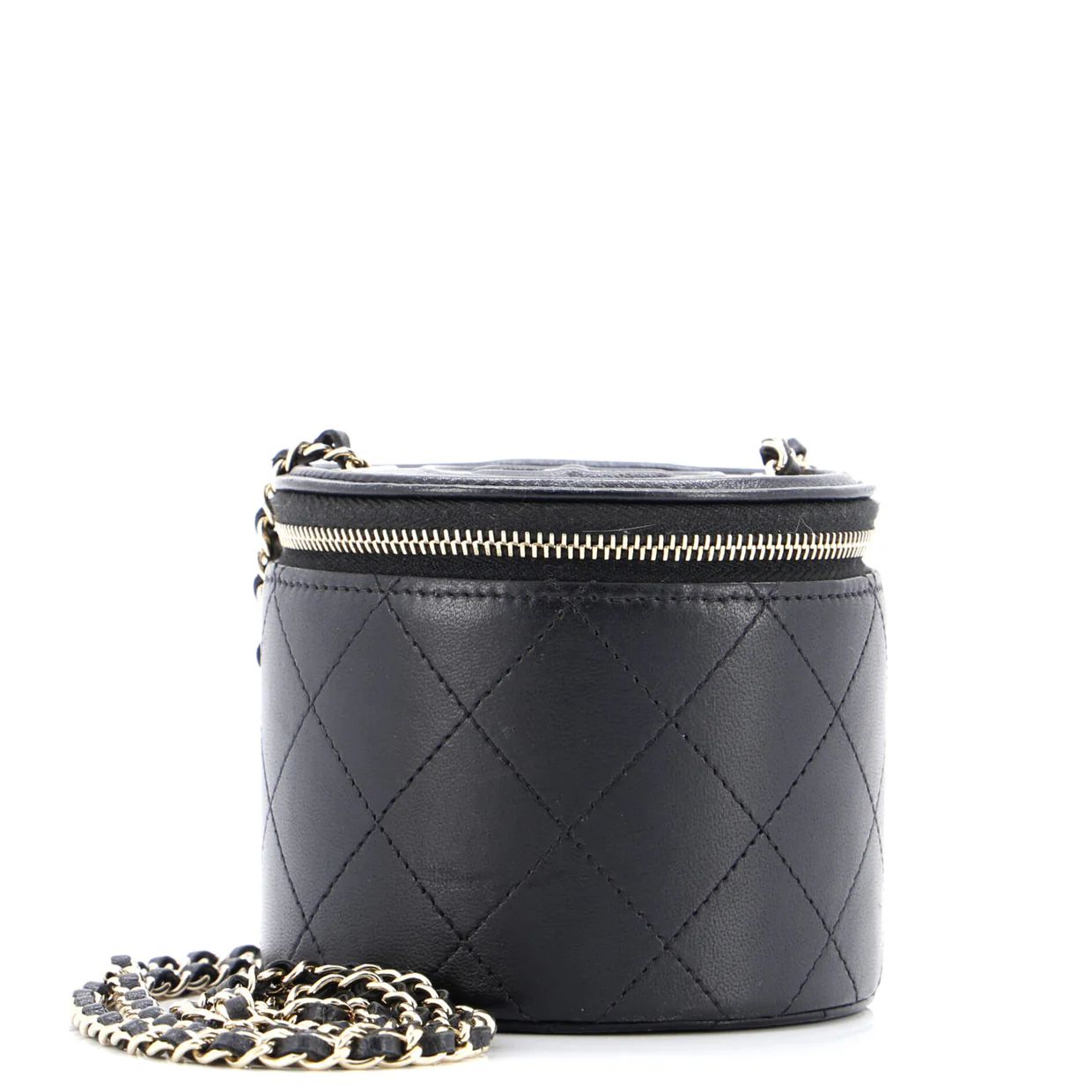 CC Round Vanity Case with Chain Quilted Lambskin Mini - Deep Luxury