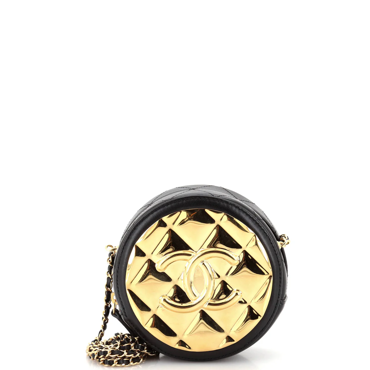 Golden Plate Round Clutch with Chain Quilted Metal and Lambskin Mini - Deep Luxury