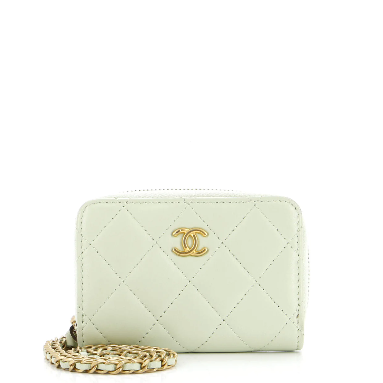 Pearl Crush Zip Around Card Holder on Chain Quilted Lambskin - Deep Luxury