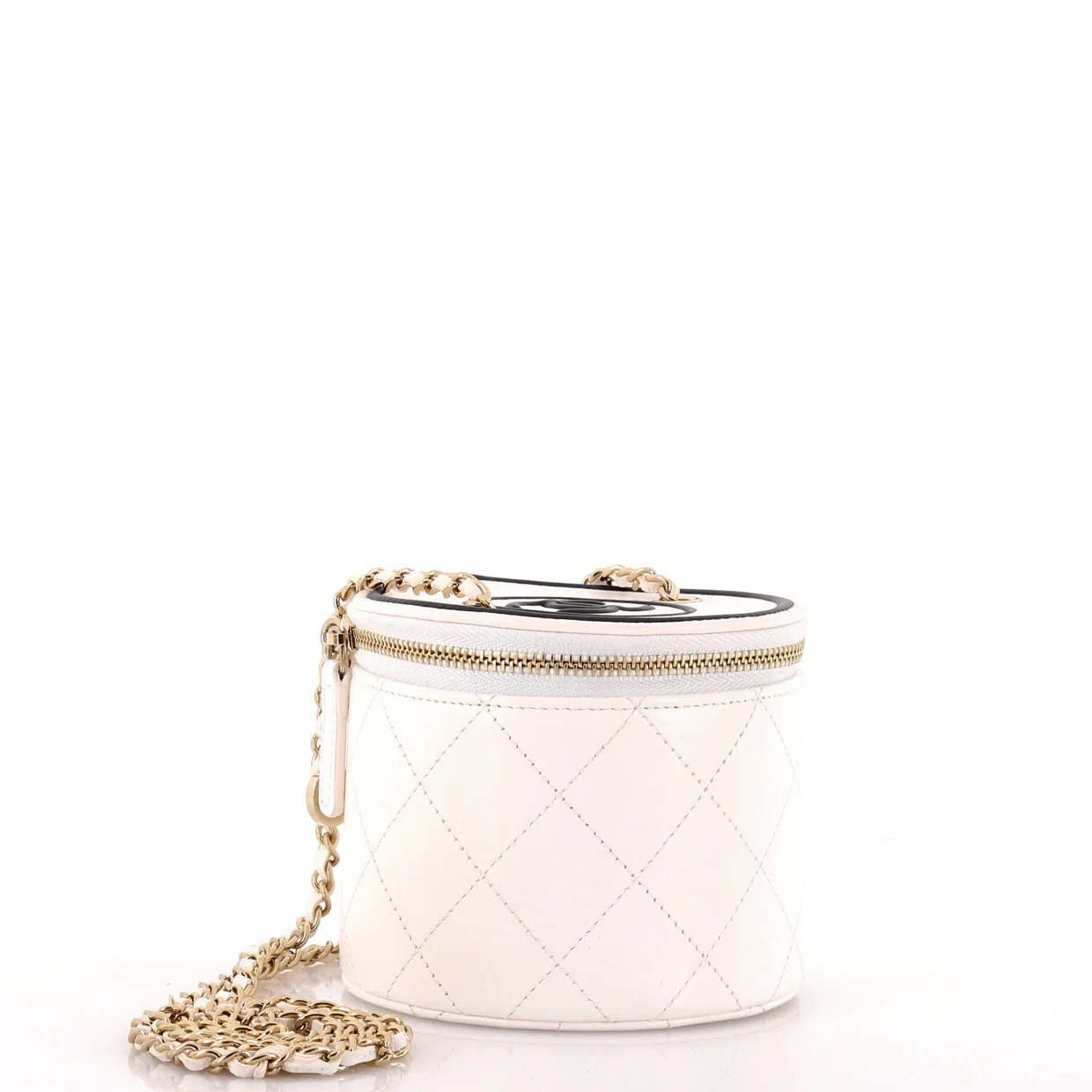 CC Round Vanity Case with Chain Quilted Lambskin Mini - Deep Luxury