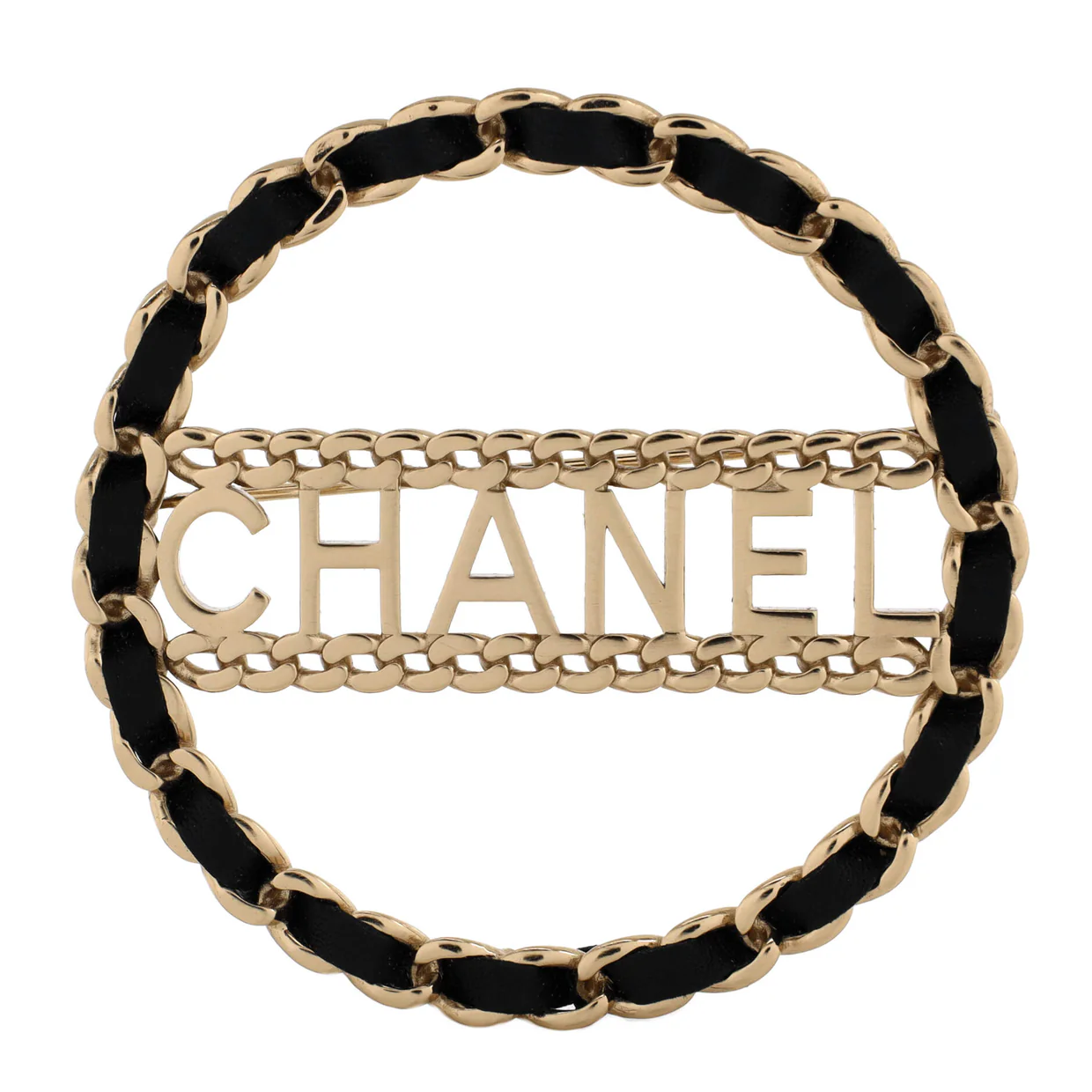 Logo Chain Link Round Brooch Metal with Leather - Deep Luxury