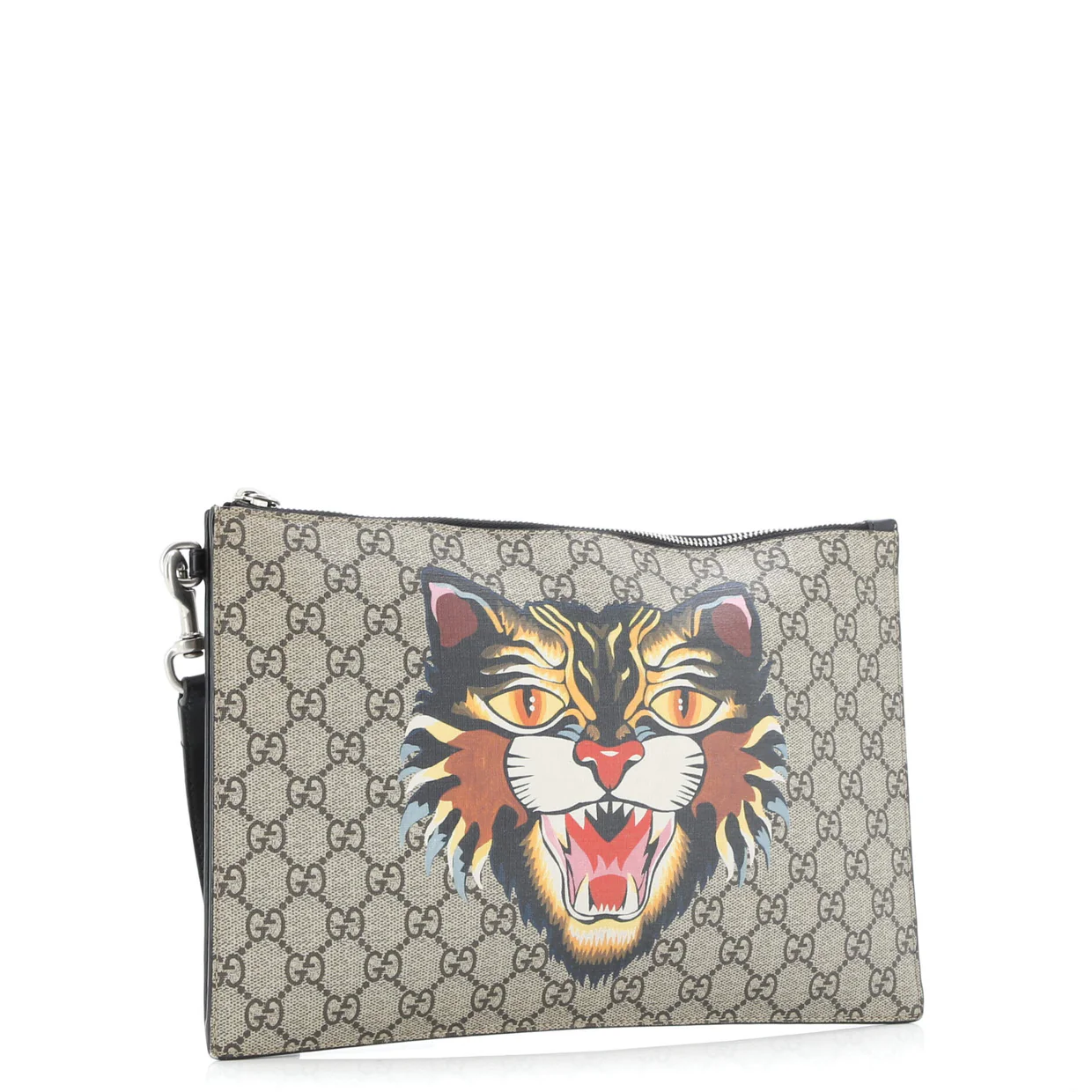 Zipped Pouch Angry Cat GG Coated Canvas Large - Deep Luxury
