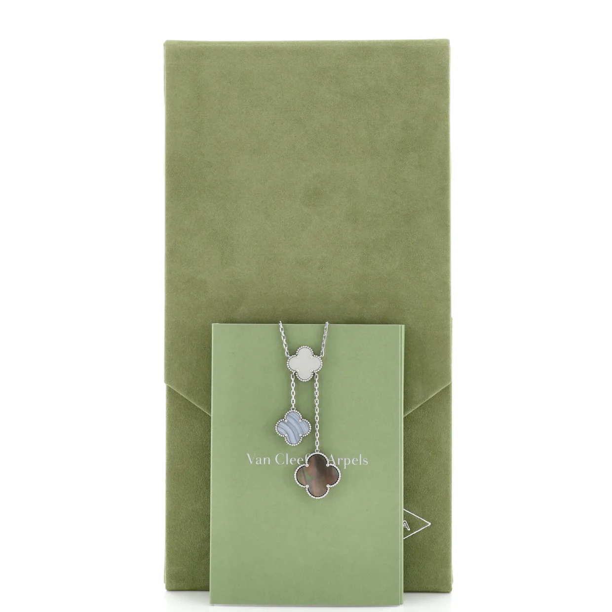 Magic Alhambra 6 Motifs Necklace 18K White Gold with Mother of Pearl and Chalcedony - Deep Luxury