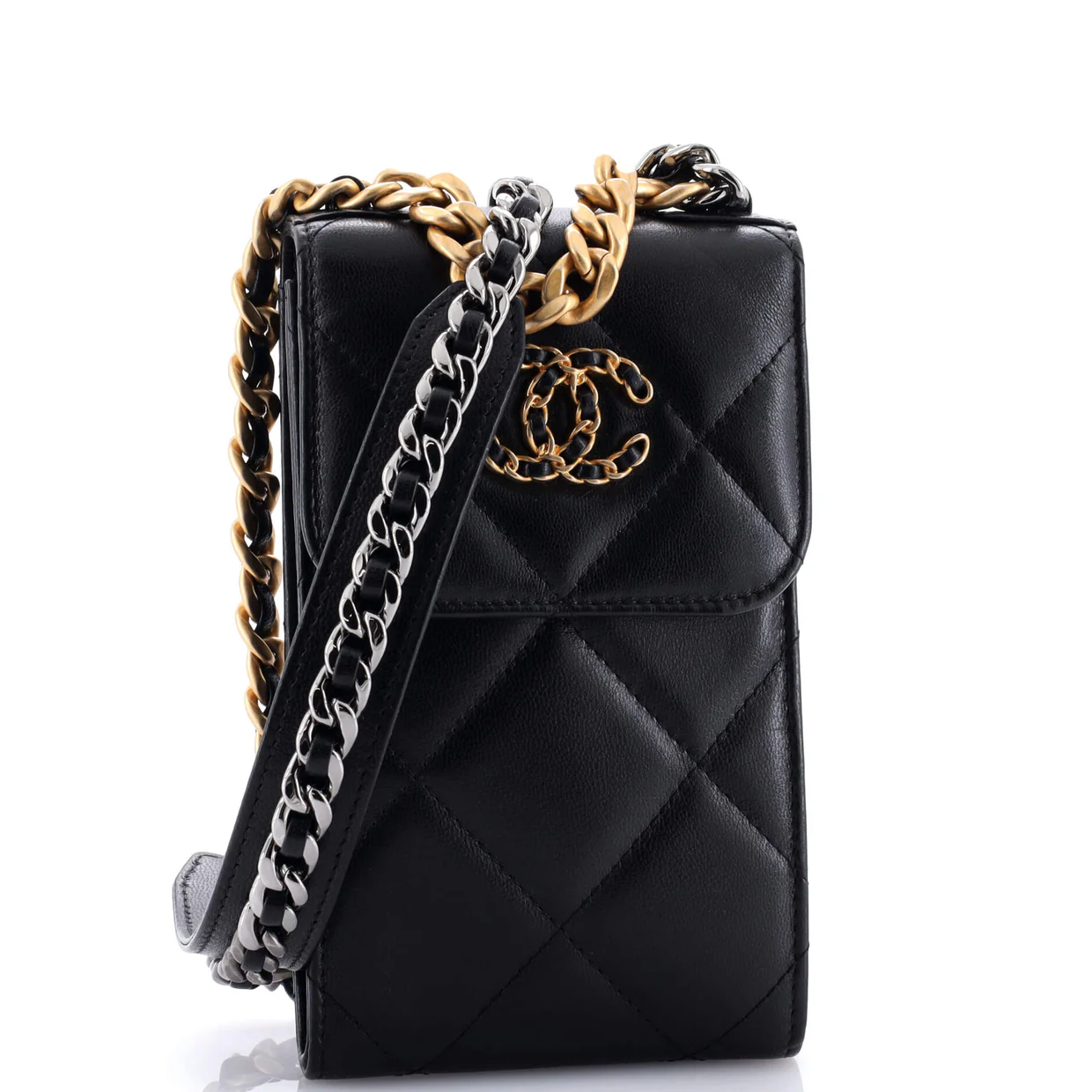 19 Vertical Phone Holder with Chain Quilted Lambskin - Deep Luxury