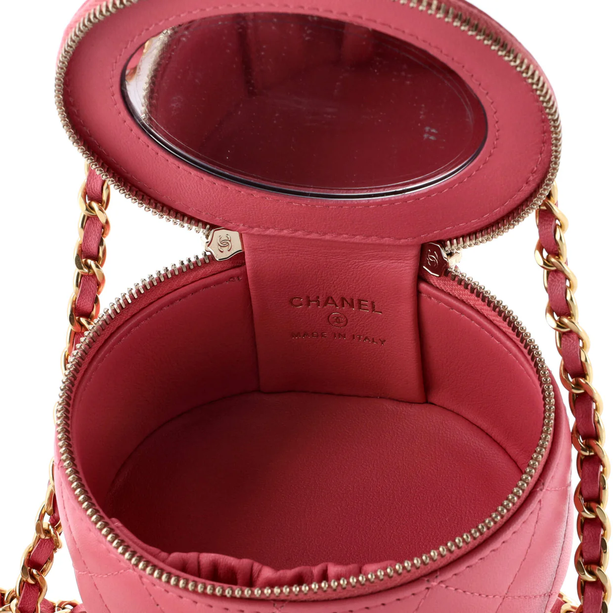 Pearl Logo Top Handle Round Vanity Case with Chain Quilted Lambskin Mini - Deep Luxury