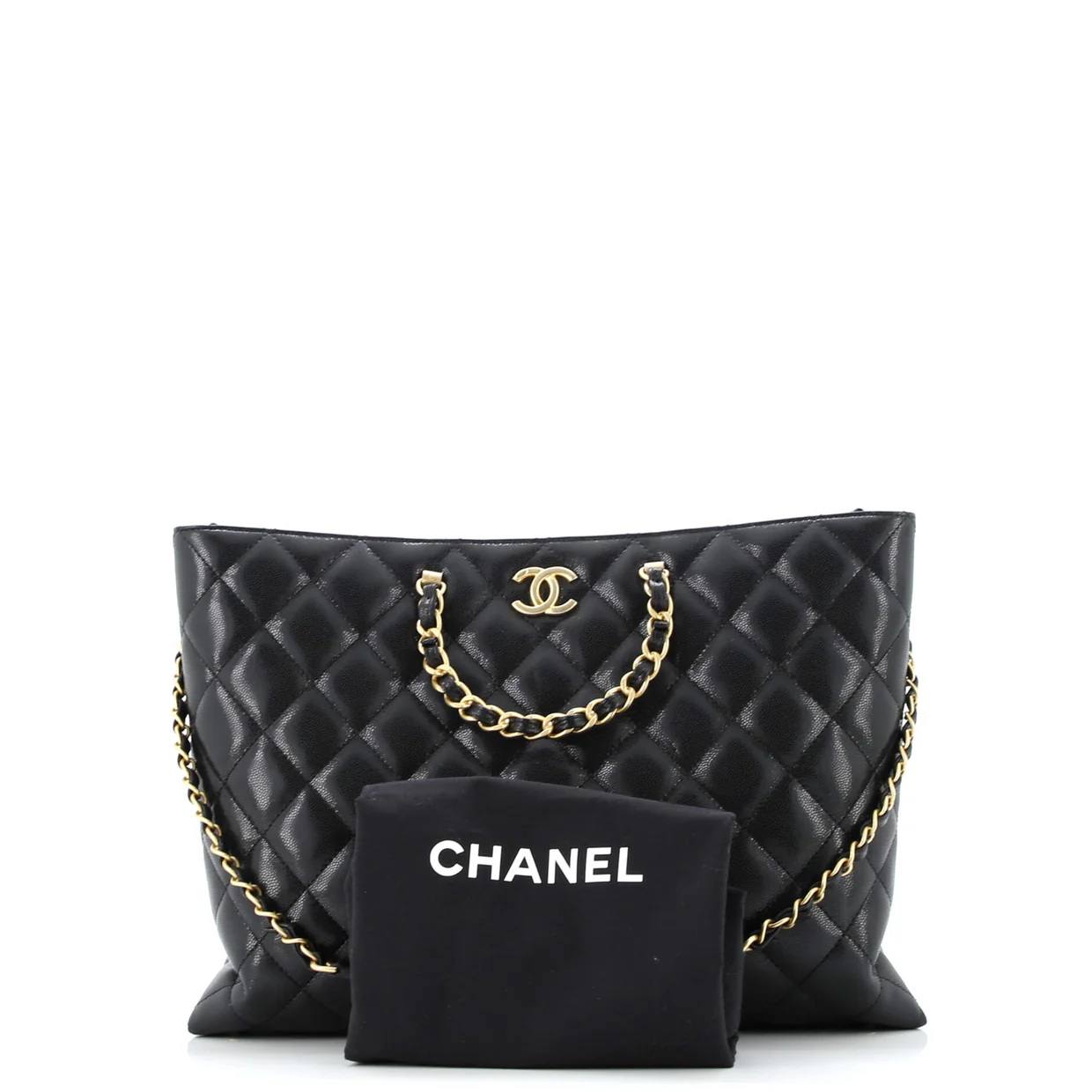 CC Chain Handle Shopping Tote Quilted Caviar Large - Deep Luxury