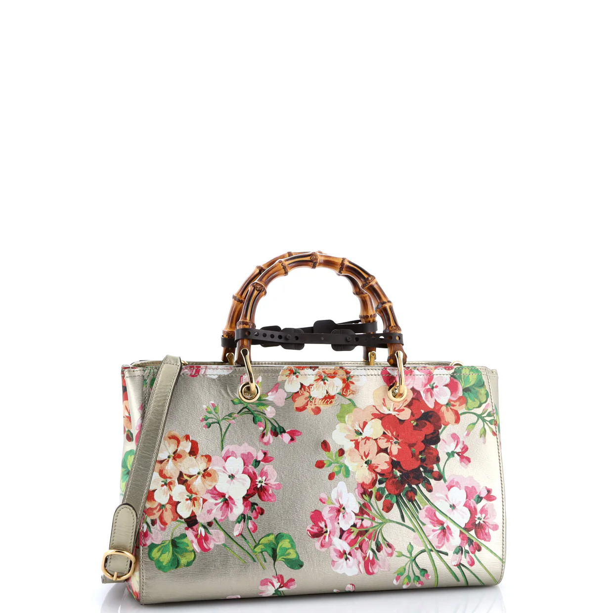 Bamboo Shopper Tote Blooms Print Leather Medium - Deep Luxury