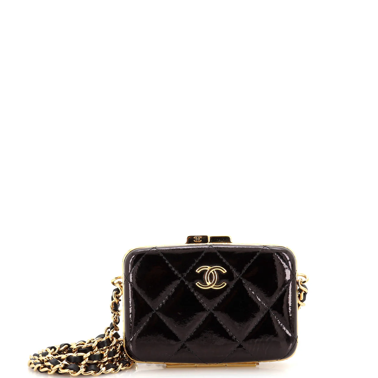 Framed Box Clutch with Chain Quilted Patent Mini - Deep Luxury