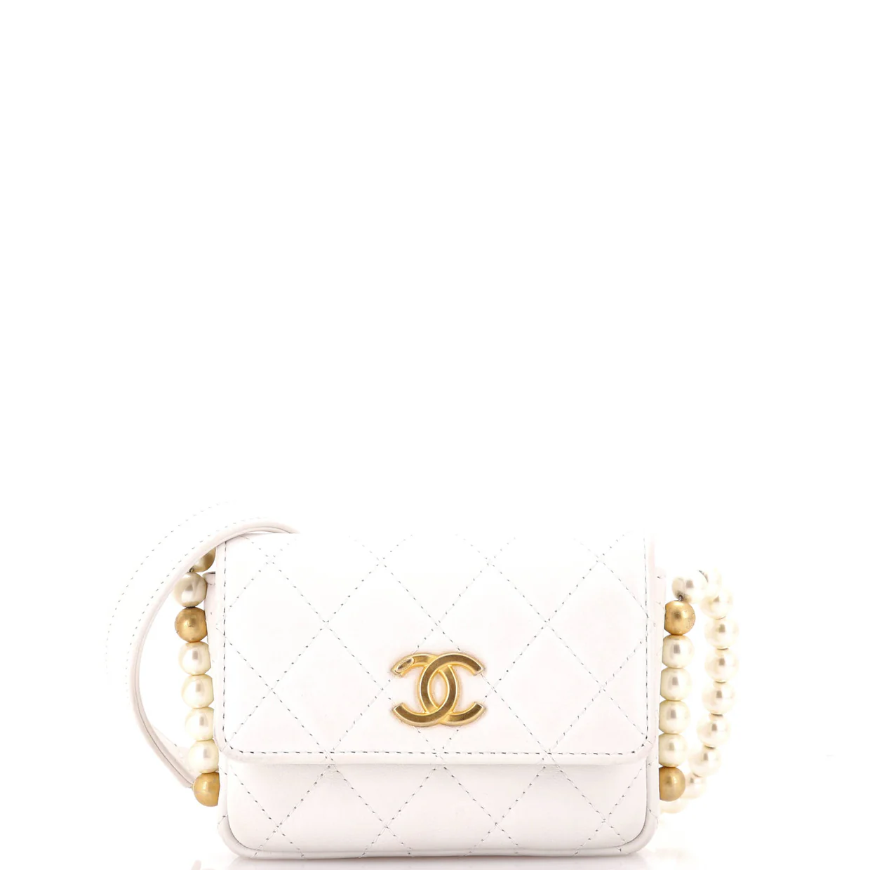 About Pearls Flap Card Holder with Chain Quilted Calfskin - Deep Luxury