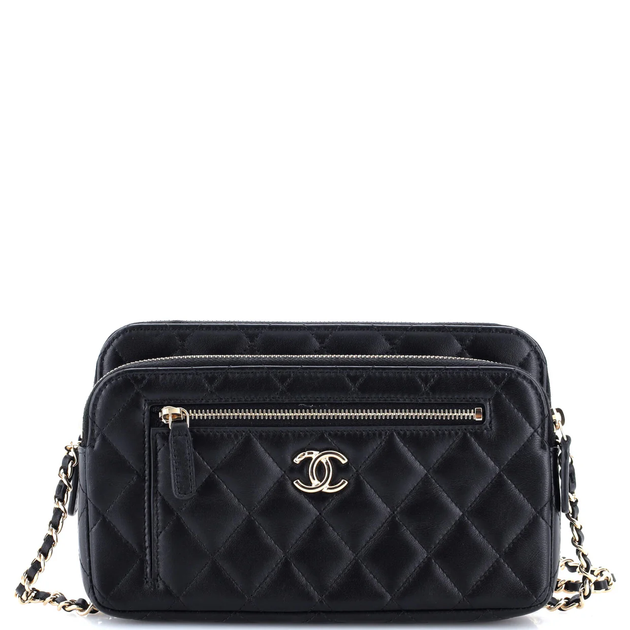 Front Pocket Double Zip Clutch with Chain Quilted Lambskin Small - Deep Luxury