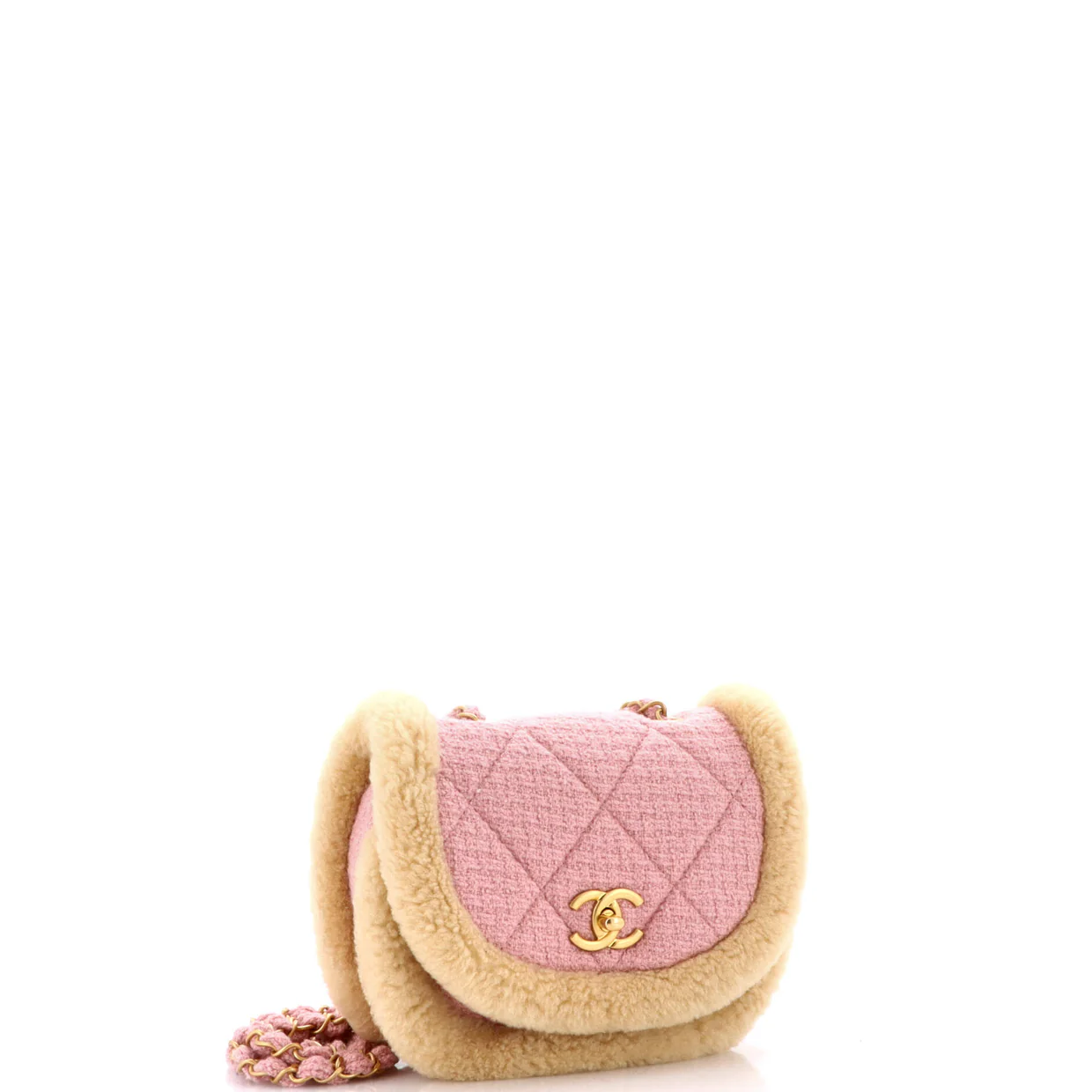 CC Round Flap Messenger Tweed and Shearling - Deep Luxury