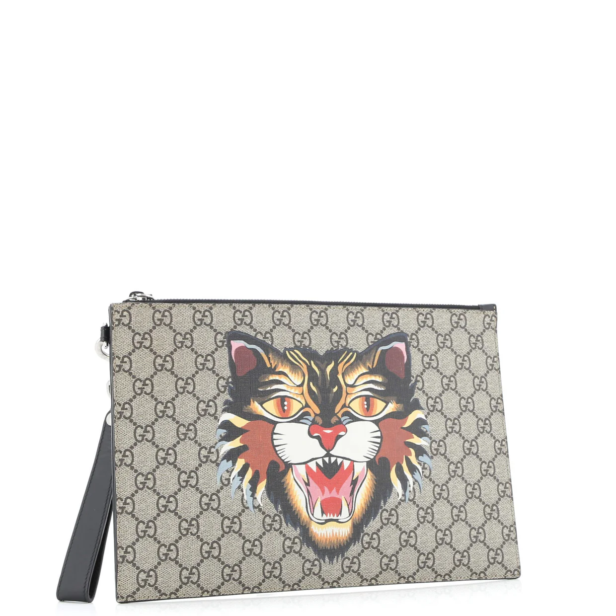 Zipped Pouch Angry Cat GG Coated Canvas Large - Deep Luxury