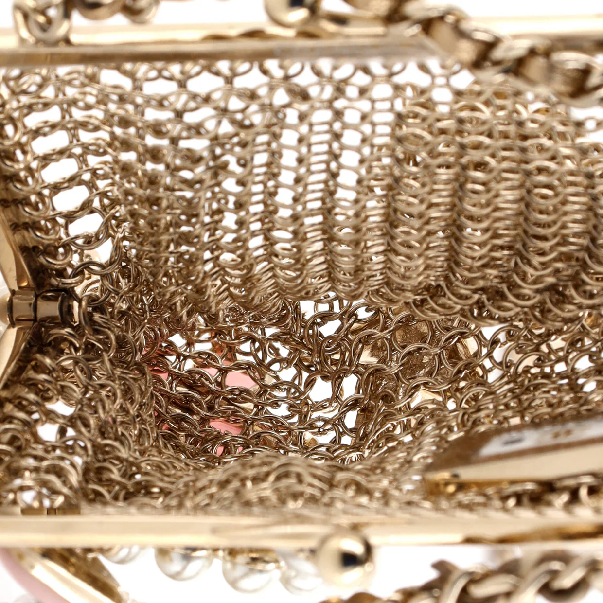 CC Charm Kisslock Frame Clutch with Chain Embellished Metal Mesh Mini - Deep Luxury