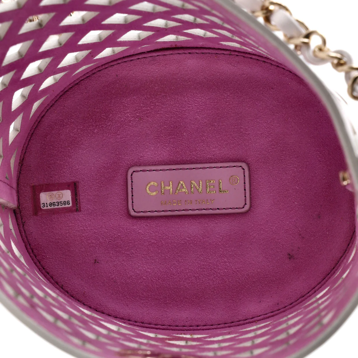 See Through Drawstring Bucket Bag Perforated Leather with Quilted Printed Canvas Small - Deep Luxury