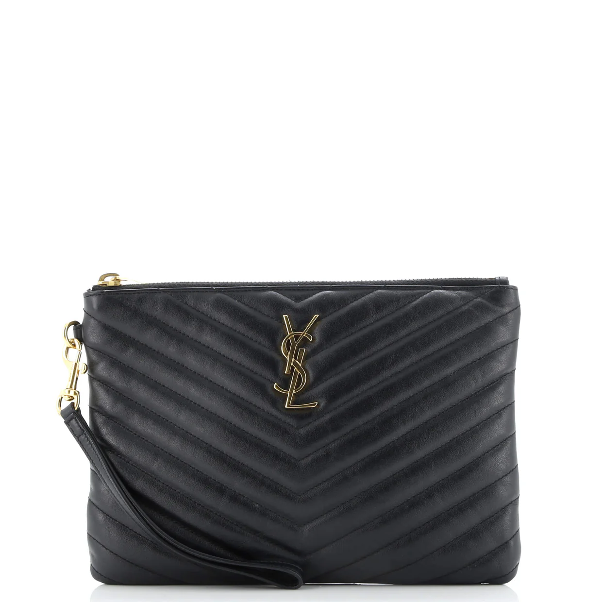 Classic Monogram Wristlet Pouch Matelasse Chevron Leather Small - Deep Luxury