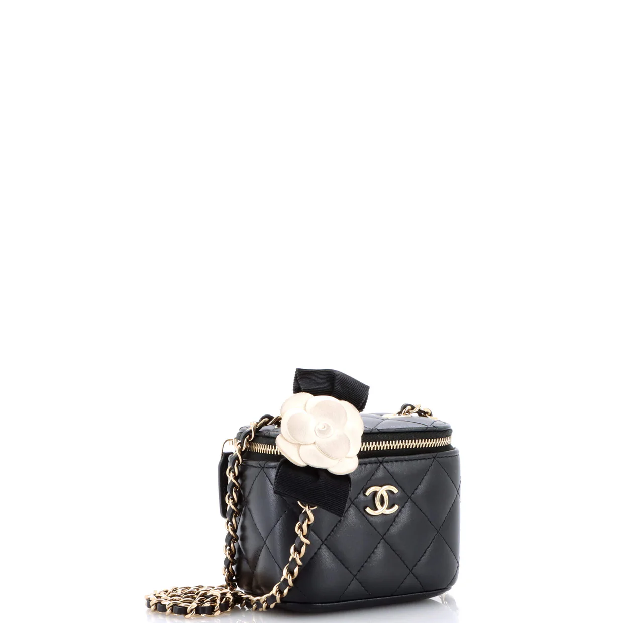 Camellia Bow Vanity Case with Chain Quilted Lambskin Mini - Deep Luxury