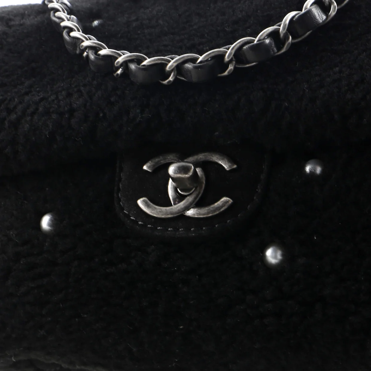 CC Chain Flap Bag Pearl Embellished Shearling Medium - Deep Luxury