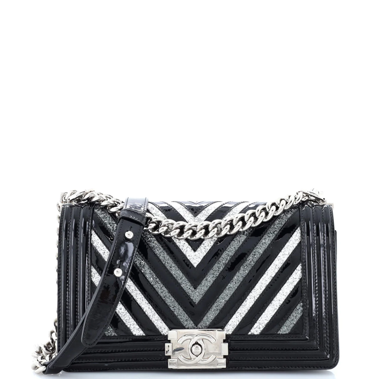Boy Flap Bag Chevron Patent with Glitter PVC Old Medium - Deep Luxury