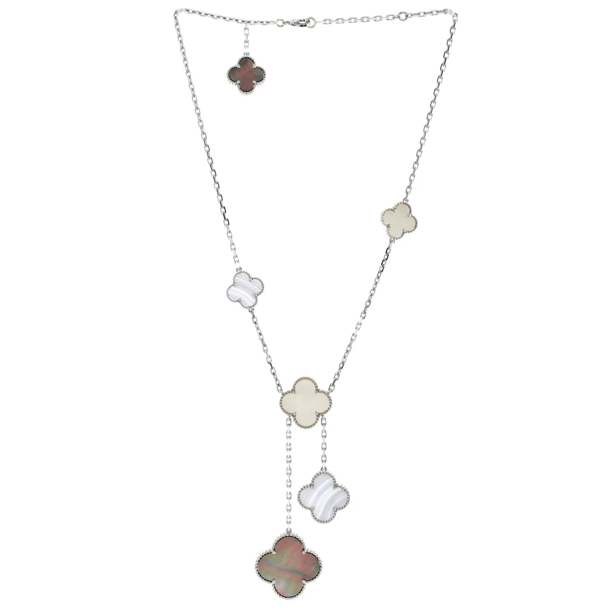 Magic Alhambra 6 Motifs Necklace 18K White Gold with Mother of Pearl and Chalcedony - Deep Luxury