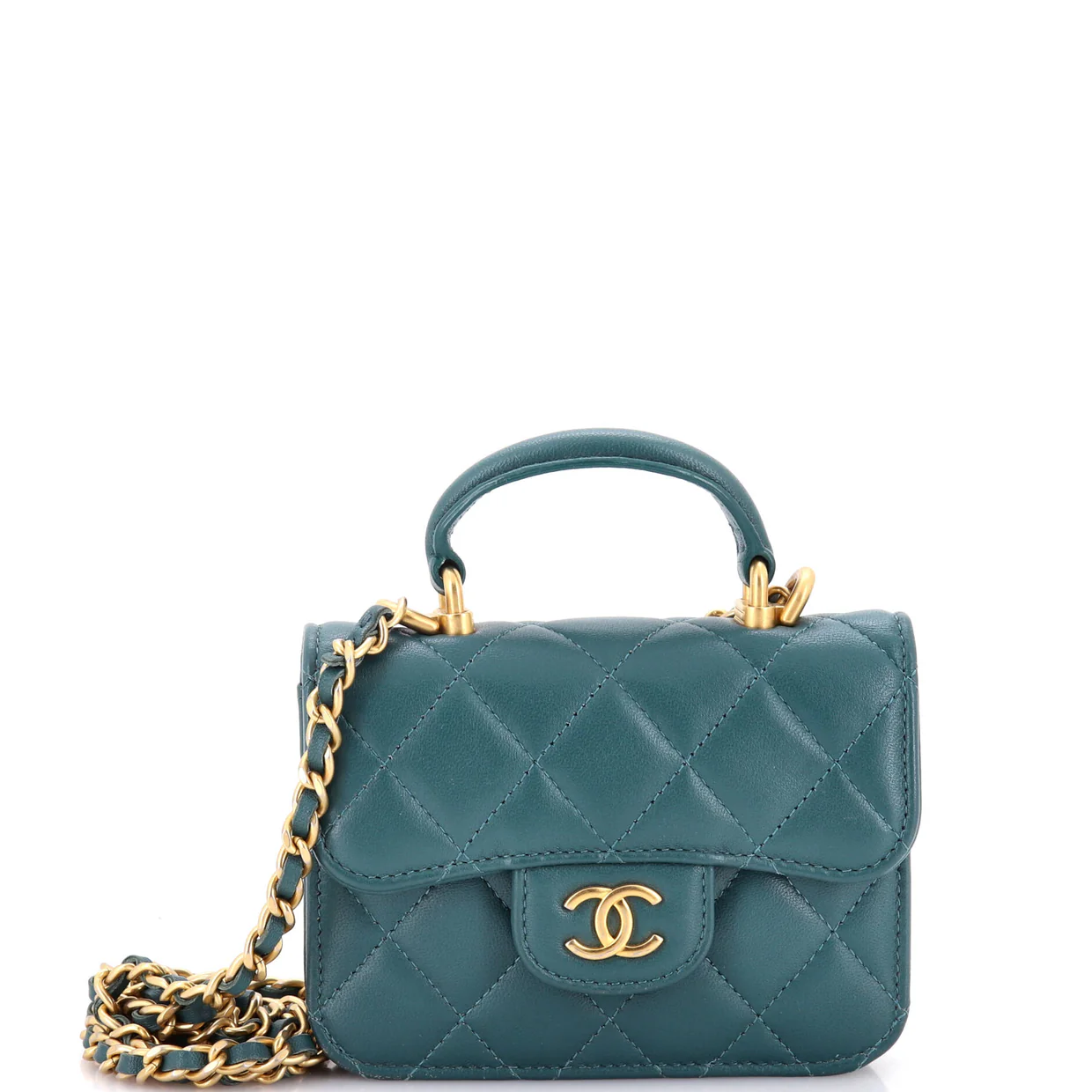 Top Handle Flap Coin Purse with Chain Quilted Lambskin - Deep Luxury