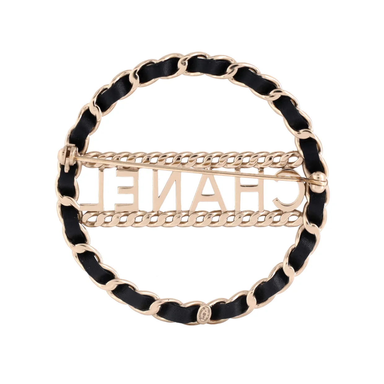 Logo Chain Link Round Brooch Metal with Leather - Deep Luxury