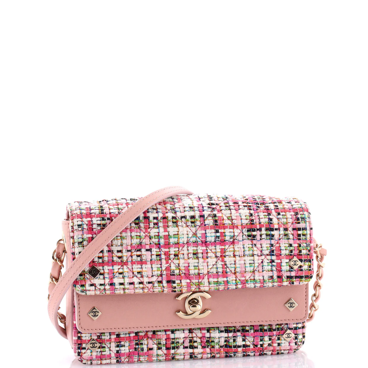 CC Stud Double Flap Bag Quilted Tweed with Leather Small - Deep Luxury