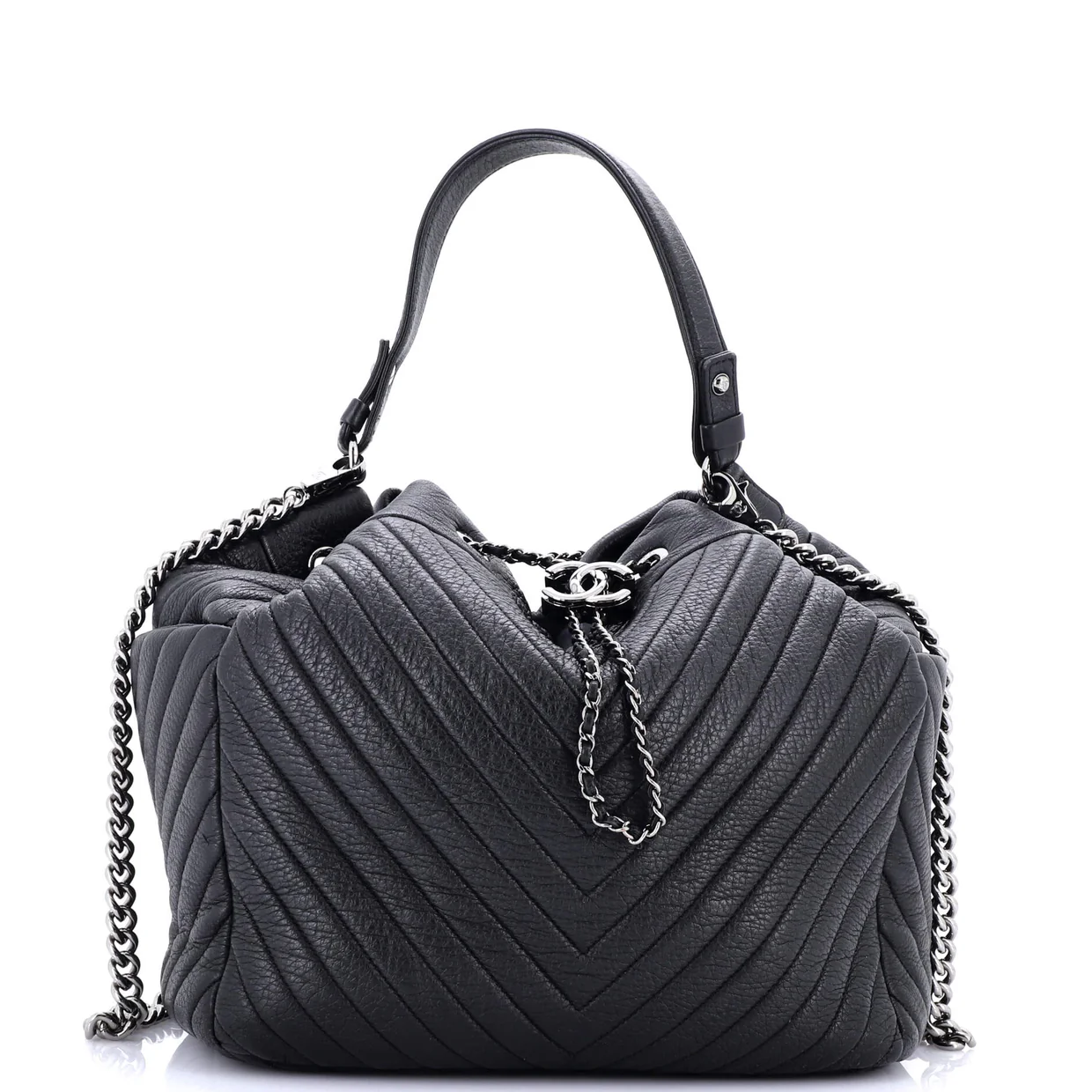 CC Chain Drawstring Bucket Bag Chevron Sheepskin Medium - Deep Luxury