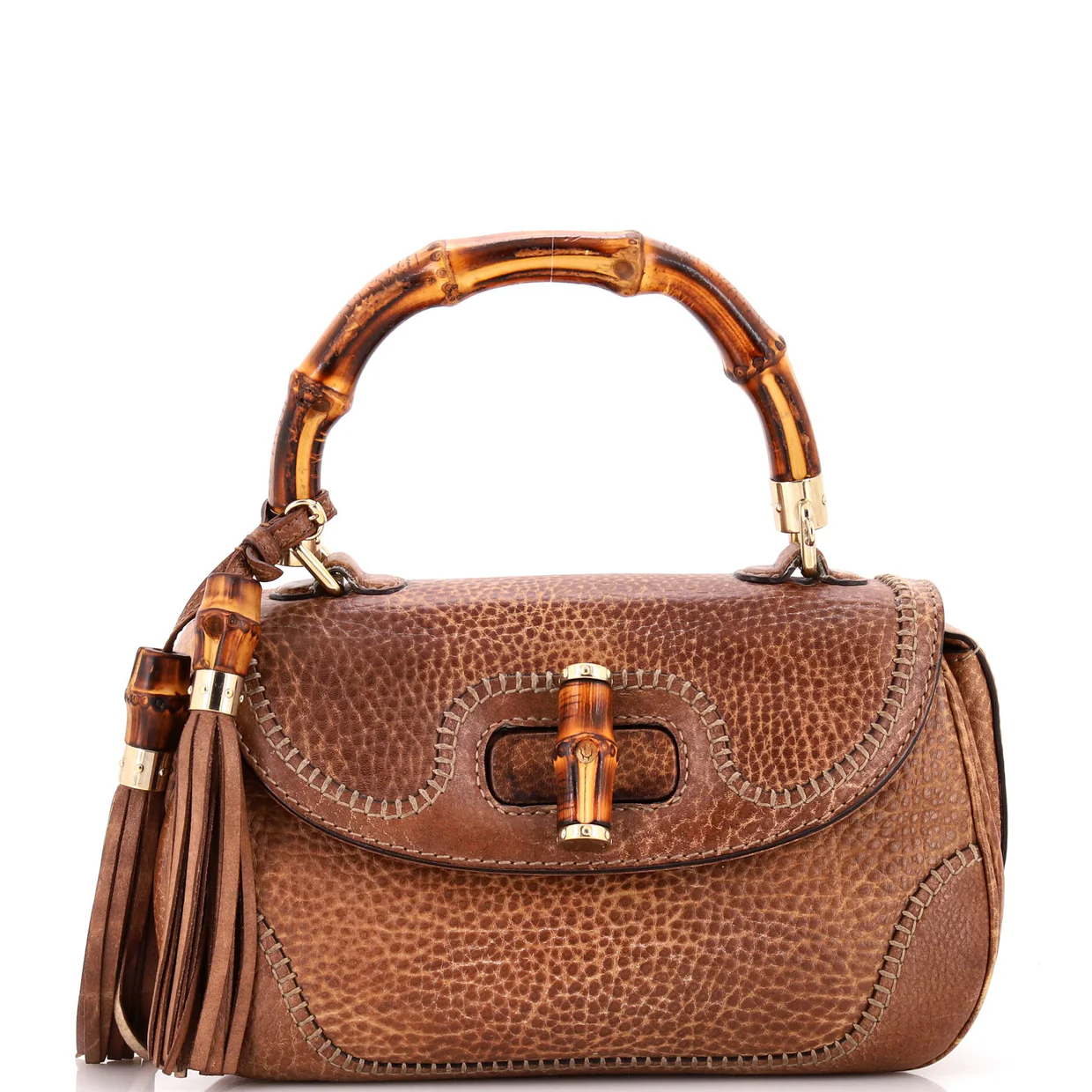 New Convertible Bamboo Top Handle Bag Leather Medium - Deep Luxury