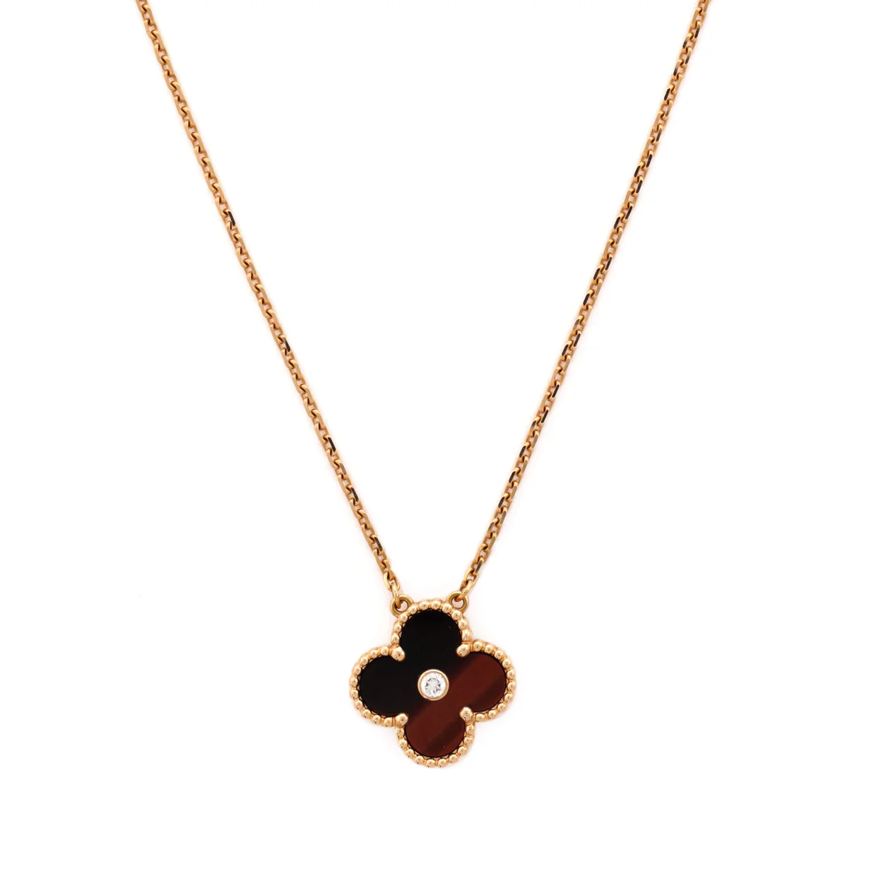 Vintage Alhambra Pendant Necklace 18K Rose Gold and Tiger Eye with Diamond - Deep Luxury