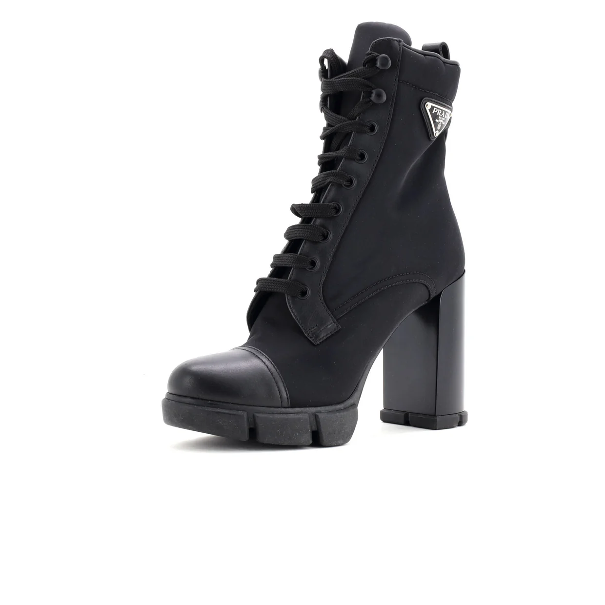 Women's Triangle Logo Heeled Ankle Boots Nylon and Leather - Deep Luxury