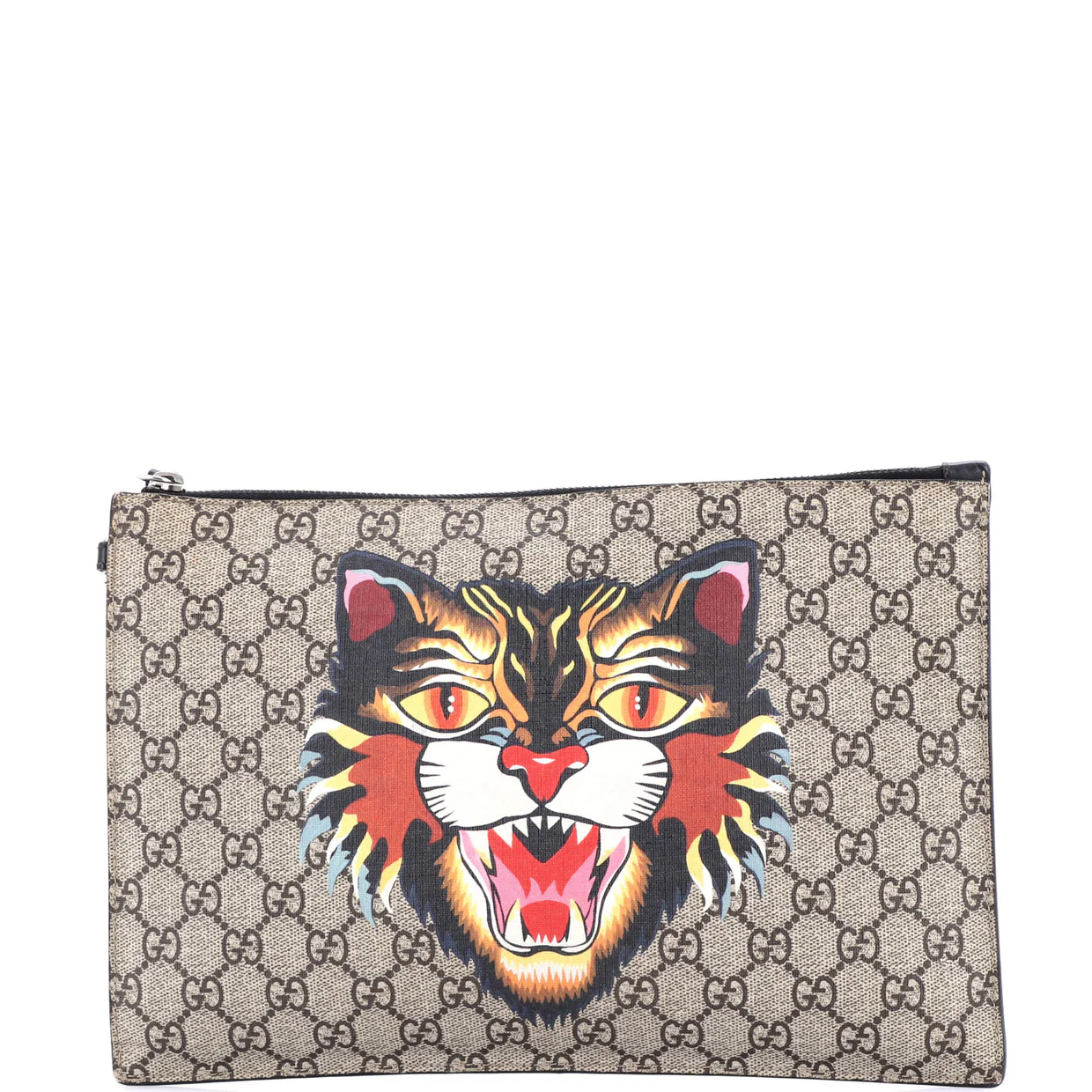 Zipped Pouch Angry Cat GG Coated Canvas Large - Deep Luxury