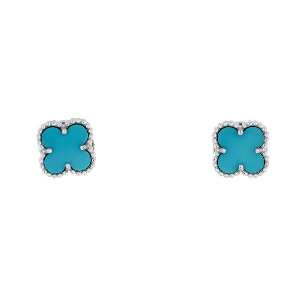 Sweet Alhambra Stud Earrings 18K White Gold and Turquoise - Deep Luxury