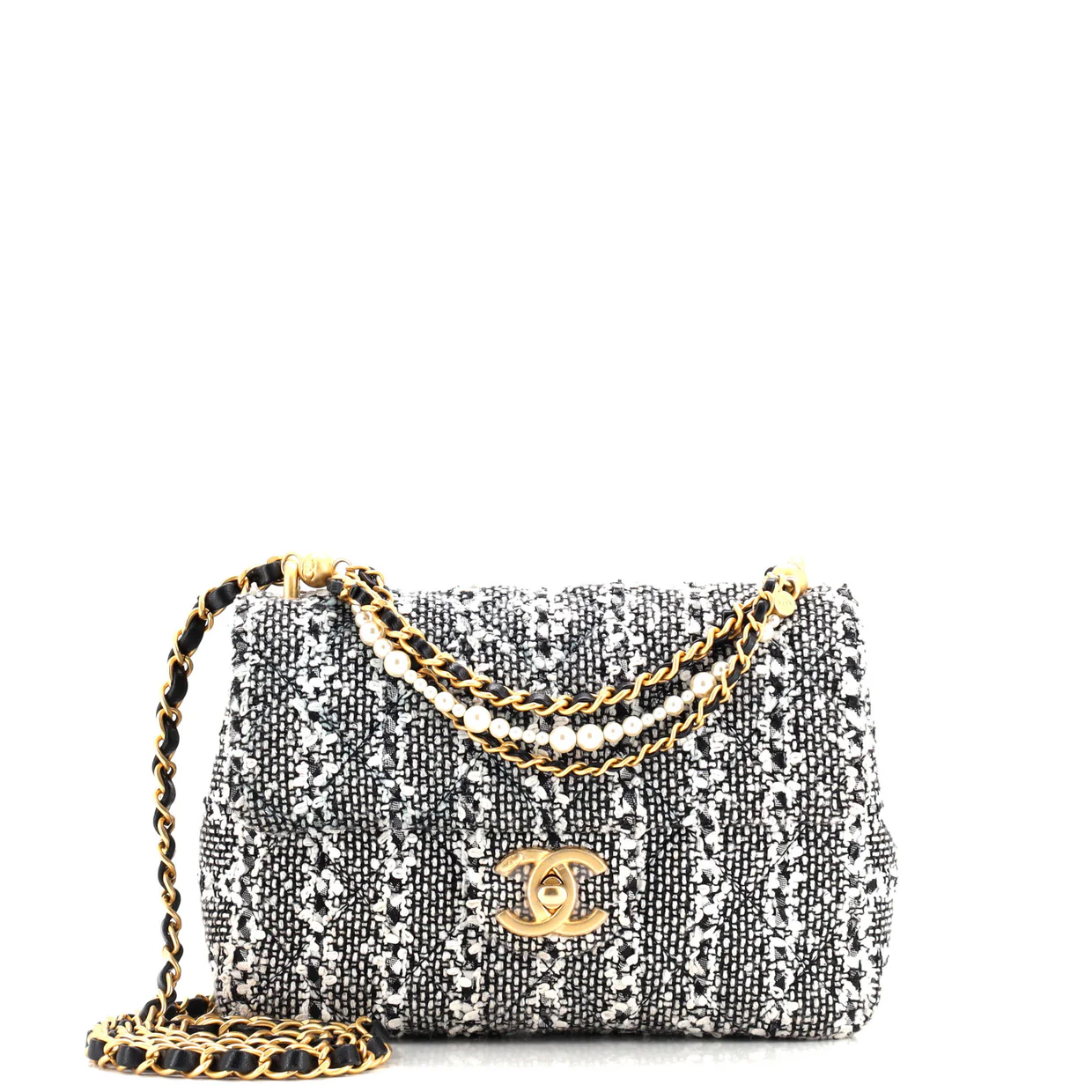 Pearl Chain CC Flap Bag Quilted Tweed Mini - Deep Luxury