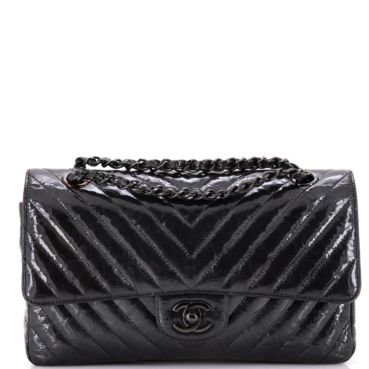 So Black Classic Double Flap Bag Chevron Crinkled Patent Medium - Deep Luxury