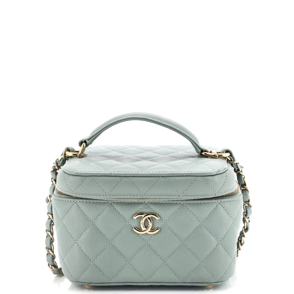 CC Top Handle Vanity Case with Chain Quilted Caviar Mini - Deep Luxury